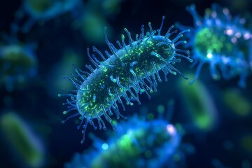 Fototapeta premium A photorealistic close-up of bioluminescent bacteria glowing in deep blue and green hues under a microscope