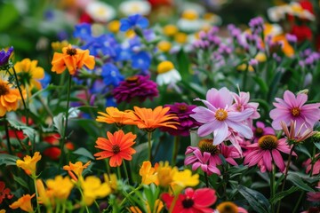 Obraz premium Colorful array of blooming flowers in a vibrant garden during spring afternoon