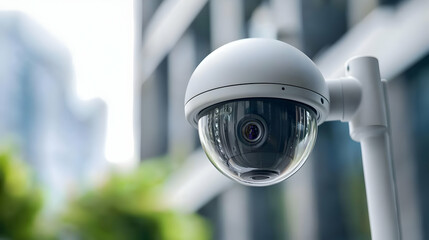 Close Up Of White Dome Security Camera On Pole With Blurred Building Background and Natural Light