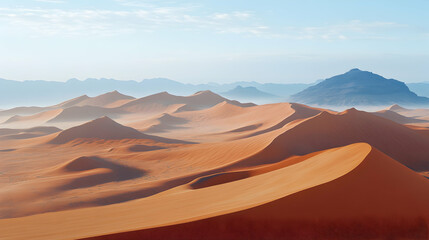 Naklejka premium Serene desert landscape at sunrise. Rolling sand dunes stretch to the horizon, under a clear sky. A breathtaking view of nature's beauty.