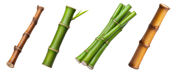 Fototapeta premium Set of bamboo stalks in green and brown tones, isolated on transparent background