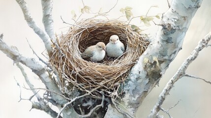 Obraz premium Bird in nest on tree in Spring.