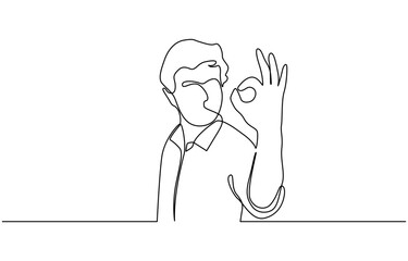 Continuous one line drawing man in casual clothes gesturing ok sign, Business man showing ok hand sign. Continuous line drawing. One line drawing.