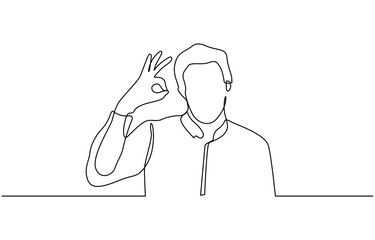 Continuous one line drawing man in casual clothes gesturing ok sign, Business man showing ok hand sign. Continuous line drawing. One line drawing.