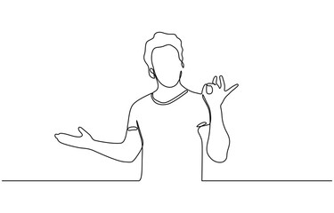 Continuous one line drawing man in casual clothes gesturing ok sign, Business man showing ok hand sign. Continuous line drawing. One line drawing.