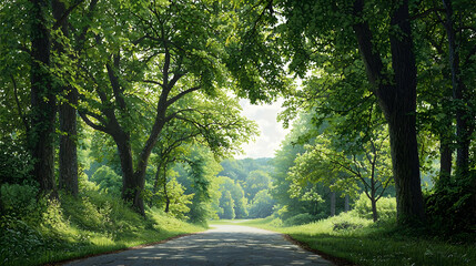 Obraz premium Tree Lined Road Pathway Through Lush Green Forest Landscape Under Bright Summer Sunlight