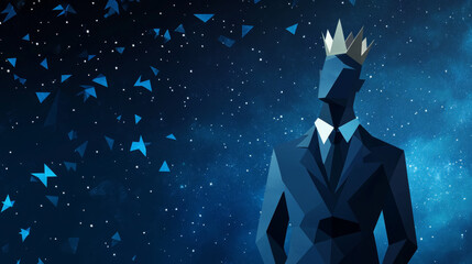 Abstract mash line and point businessman in suit with crown origami on white background with an inscription. Starry sky or space, consisting of stars and the universe. Vector business illustration