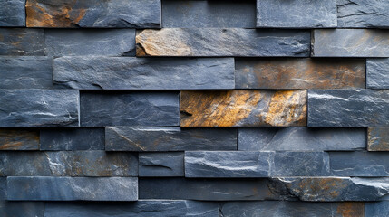 Close-up view of a textured stone wall with varying shades of blue and brown. The pattern is irregular, creating a rustic and modern look.