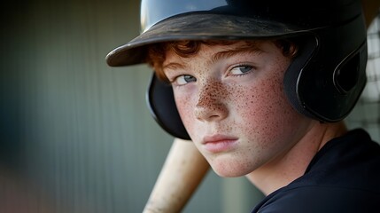 Boy in helmet holds bat, waiting. Trees visible. For youth sports, summer camp ads, blogs, articles