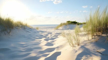A serene path through sun-drenched sand dunes leads to a tranquil beach. The soft light casts gentle shadows on the pristine white sand, creating a peaceful atmosphere.