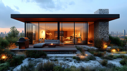 Fototapeta premium Modern rooftop home at dusk