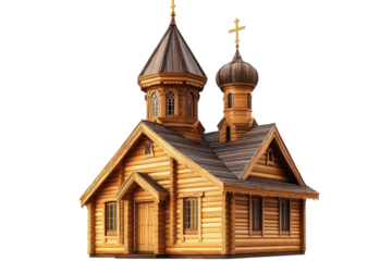 Charming wooden church with twin domes nestled in a serene landscape at sunset isolated on transparent background