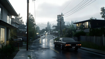 Rainy Street Scene With Dark Car In Residential Neighborhood At Dusk Under Cloudy Sky