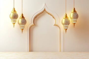 Islamic arch with golden lanterns casting a warm glow. The intricate geometric patterns and luxurious gold accents create a serene, spiritual ambiance, perfect for Ramadan and festive decorations.
