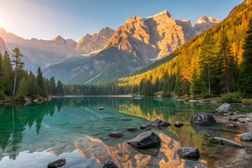 Scenic Mountain Lake with Crystal-Clear Reflections and Autumn Foliage