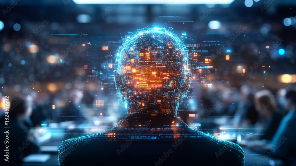 Poster digital representation of a human silhouette with animated data elements in a conference setting