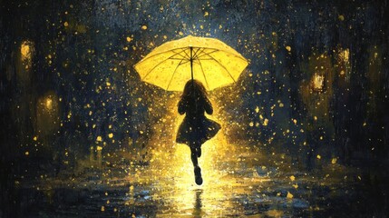Girl joyfully leaps under yellow umbrella in rain.