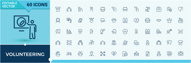 Volunteering linear icon collection. Containing humanitarian, donation, charity, volunteer, donate, unity, help and more. Expanded stroke. Humanitarian icons set. Vector outline icons collection.
