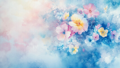 Obraz premium Dreamy Watercolor Floral Background – Soft Pastel Flowers and Clouds