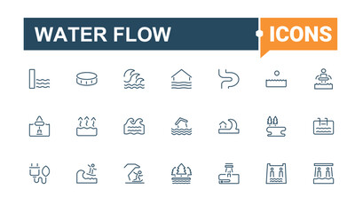 Water Flow line icons. Contains related to wave, ocean, sea, surf, water, drop, drink and more. Wave icon set. Web icons. Editable vector icon.