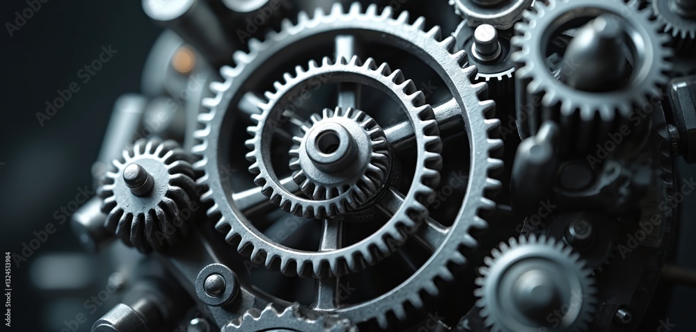 Poster close-up of gears, cogs mechanism in industrial machine, engine. shiny metal parts, cogwheels connec