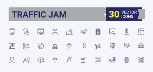 Traffic Jam icon set. Includes symbols for transport, jam, way, road, traffic and more. Traffic vector icon set. Editable stroke icon collections.