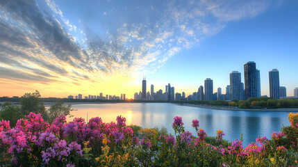 Panoramic View Of Cityscape At Sunset With Water Reflection And Colorful Sky And Blooming Flowers