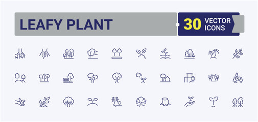 Leafy Plant icons set in linear style. Includes symbols for landscape, plant, evergreen, tree, leaf, garden and more. Tree icons set. Pixel perfect. Minimalistic linear icons.