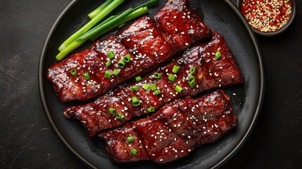 Delicious glazed ribs on dark plate with spring onions, sesame seeds, and spices on dark background.  Possible use food photography
