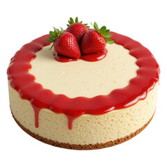 Creamy Cheesecake with Fresh Strawberries and Red Sauce Topping on a White Background