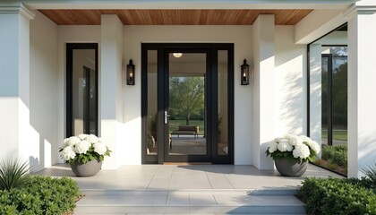 Modern farmhouse entrance with aluminum-framed door, black glass, white walls. Wood accents, light gray floor tiles. Hanging lanterns, potted hydrangeas complement exterior. Stylish, welcoming home