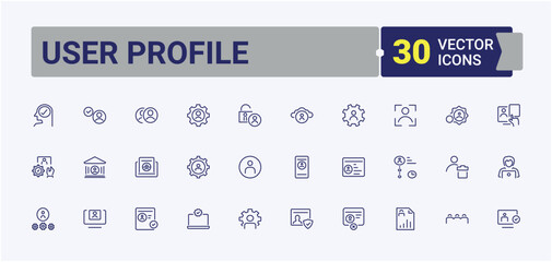 Set of User Profile line icons. Includes symbols for social, account, personal information, profile, user, person, registration. User Account icon set. Simple icon designs.