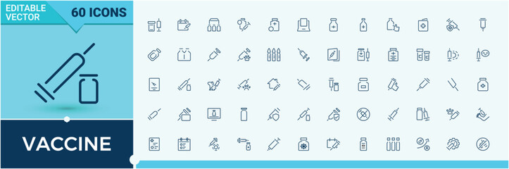 Set of Vaccine line icons. Pack of healthcare, medical, vaccination, health, medicine, clinic, immune. Outline icon collection. Bacterial icon set. Vector icon and illustration.