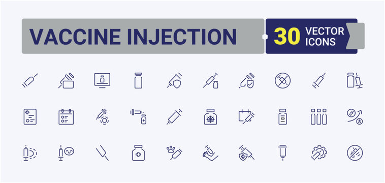 Vaccine Injection modern icons. Includes symbols for health, drug, dose, vaccine, immune and more. Vaccine icon set. Outline icon collection. Editable vector icon.