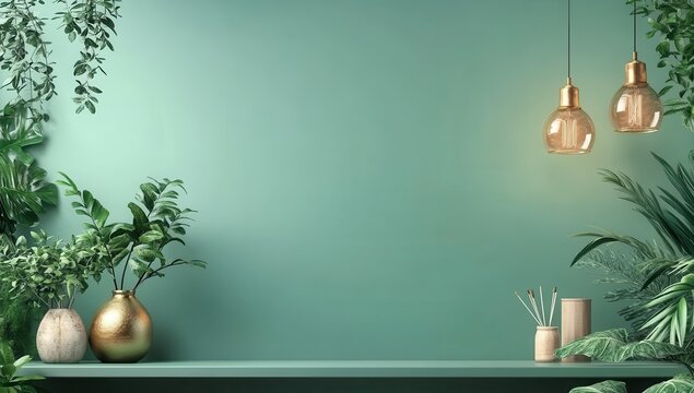Elegant green interior with hanging lights, lush plants, decorative vases, and serene atmosphere for modern home or office decor inspiration