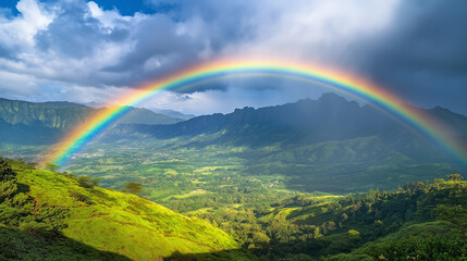 Naklejka premium Rainbow Arches Over Lush Valley Beneath Cloudy Sky in Hawaii