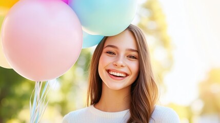 Smiling Teen With Balloons In Bright Spring Sunlight.