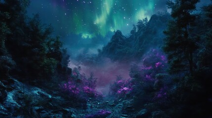 Magical aurora borealis illuminates misty mountain valley forest at night; fantasy landscape