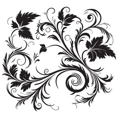 Black and white floral elements showcase a seamless vintage pattern of ornate flower, leaf, and swirl vector art for elegant design and decoration