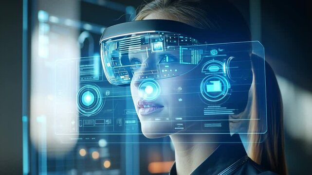 Immersive Future: A woman wearing futuristic augmented reality glasses, interacting with holographic interfaces. This image captures the cutting-edge technology and the visionary potential.