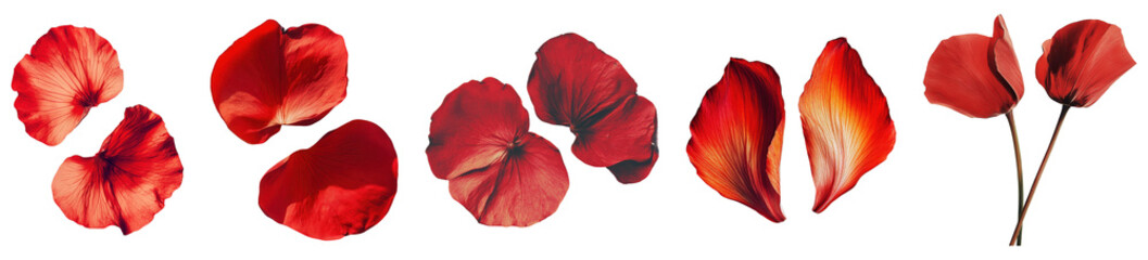Set of red rose petals in different shapes, isolated on transparent background