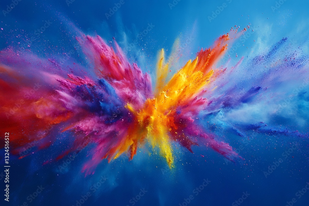 Poster colorful powder exploding creating a vibrant cloud of colors against a blue sky