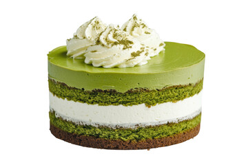 Matcha cake topped with whipped cream, cut out