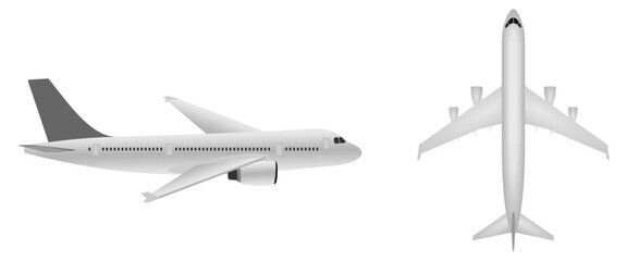 flying airplane set, top view and side view, vector illustration isolated on white background.