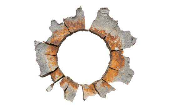 A Weathered, Rusty Circle, Fragmented And Worn, Revealing A Void At Its Center Against A Stark Isolated on Transparent Background