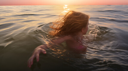A woman with long hair swimming in the ocean at sunset, with golden light reflecting on the water