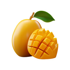A whole mango and a mango sliced with cubes - 3D rendered transparent PNG