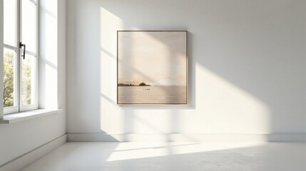 Serene Coastal Landscape Artwork in a Bright Room with Sunlight Streaming Through a Window