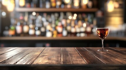 Clear clutter from a blurred wooden table with cocktail bar and wine bottles in the background for a clean product display._00001_