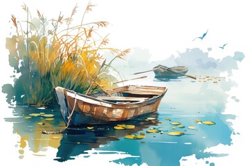 Obraz premium Two wooden boats floating peacefully in turquoise waters at a serene lakeside during a calm summer afternoon
